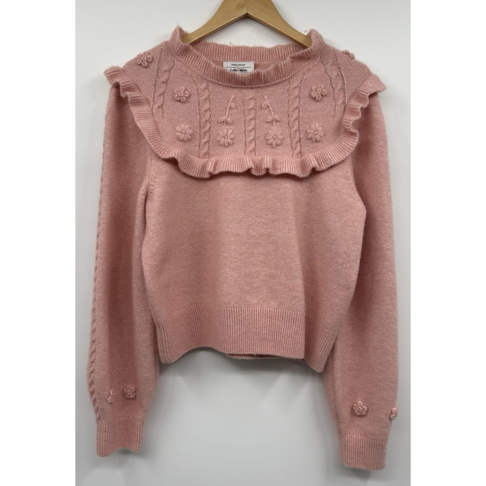 & Other Stories Paris Atelier Wool Embroidered Ruffle Knit Sweater SM  Pink EUC